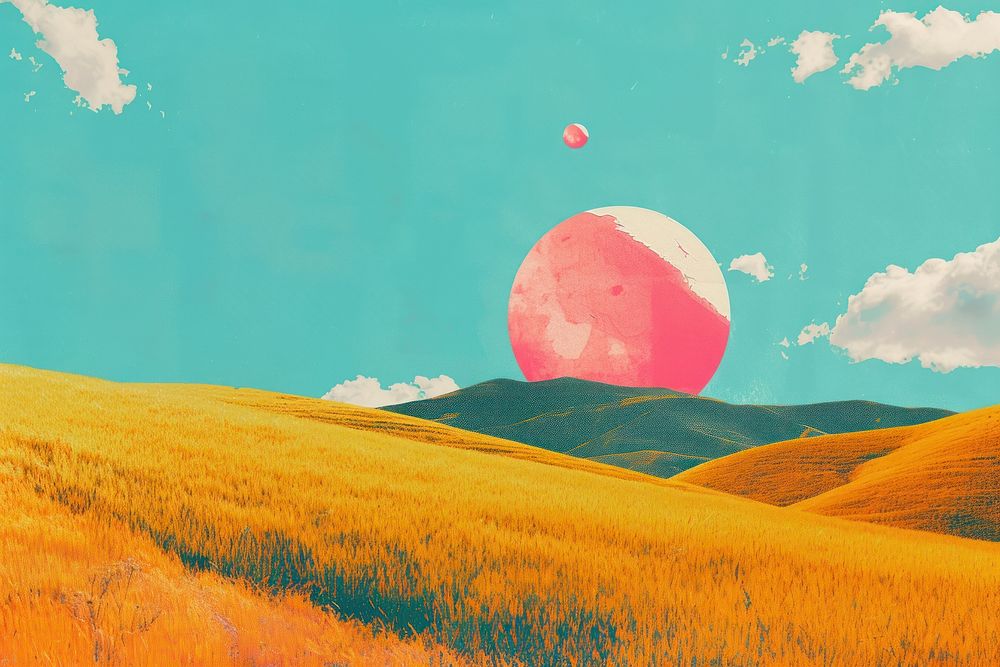 Retro collage of countryside landscape outdoors balloon.