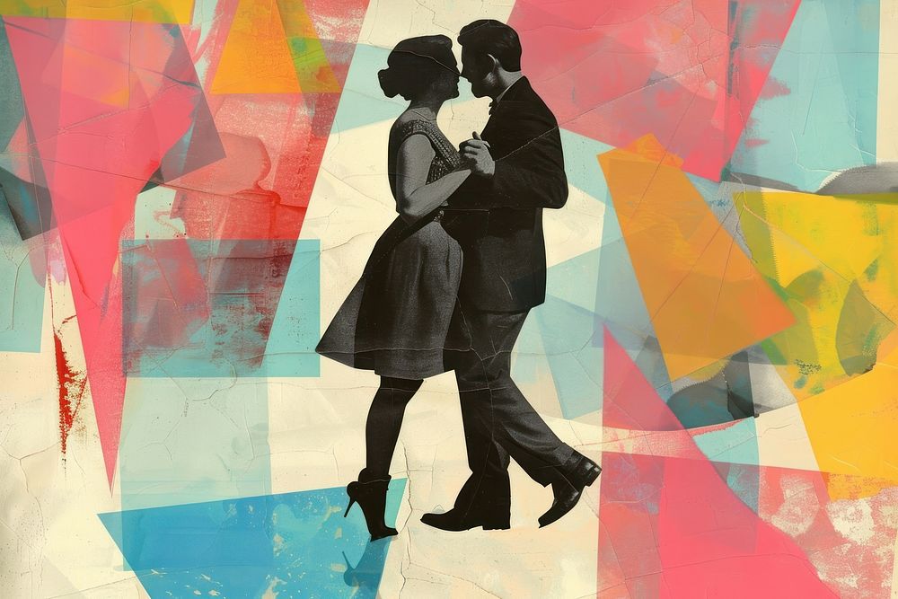 Retro collage of couple love dancing art recreation clothing.