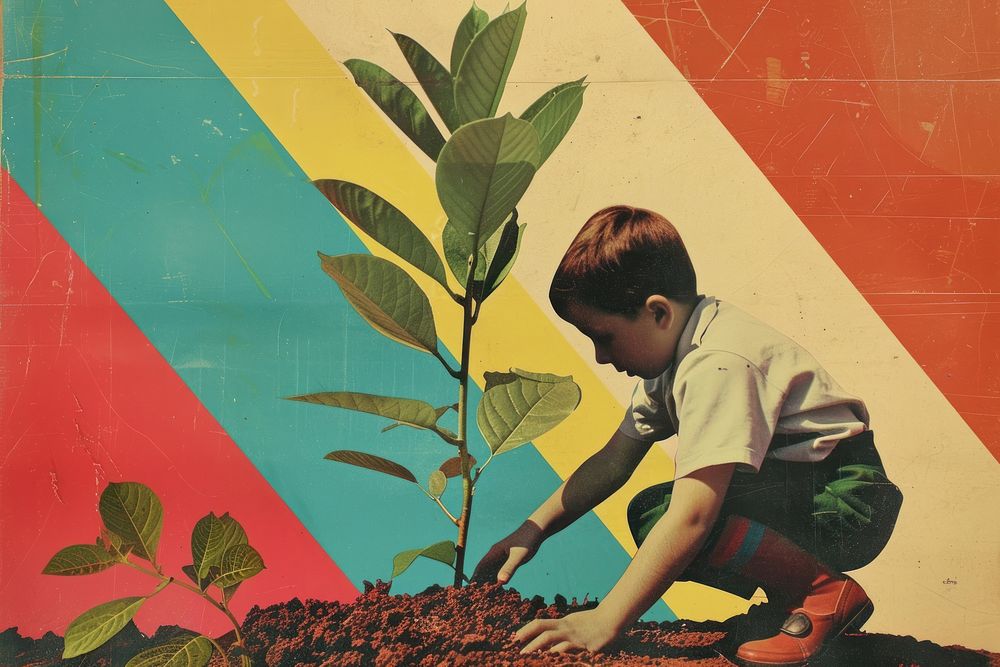 Retro collage boy planting gardening | Free Photo Illustration - rawpixel