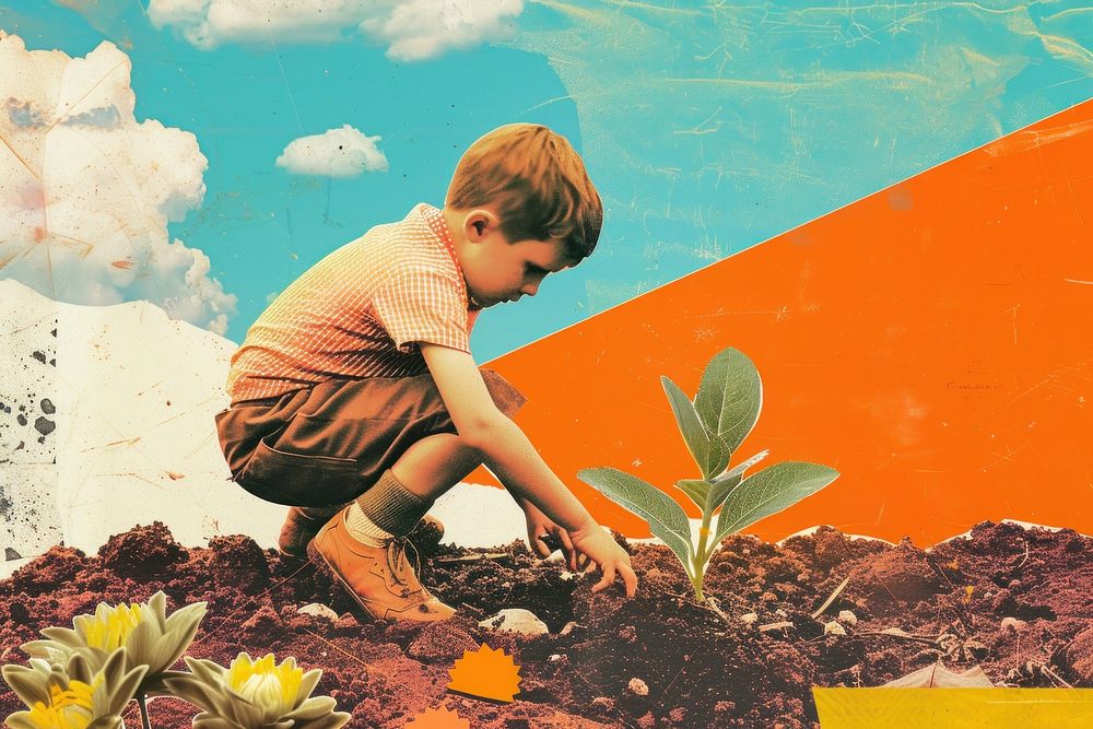 Retro collage of boy planting gardening outdoors gardener.