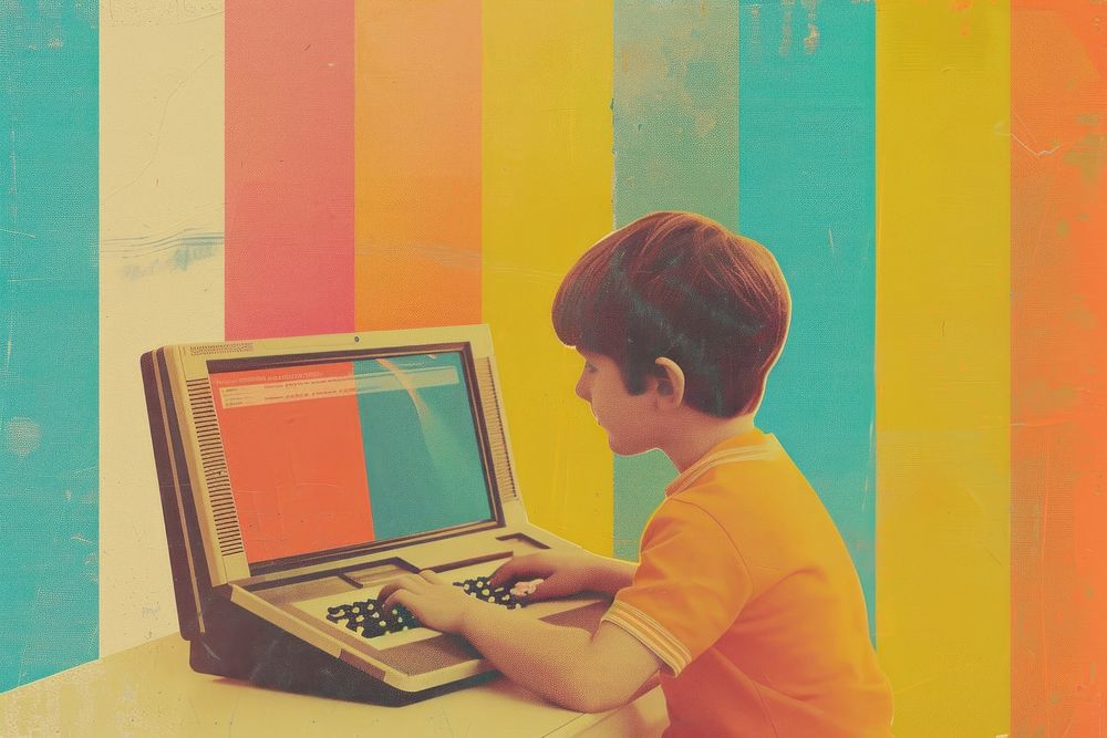 Retro collage of boy playing labtop electronics computer hardware.