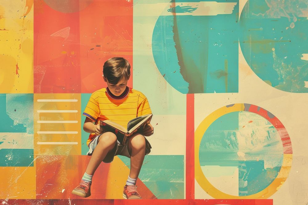 Retro collage of boy sitting and reading book art photography clothing.