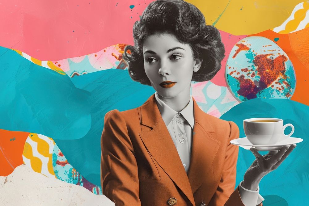 Retro collage of businesswoman holding coffee cup art photography painting.