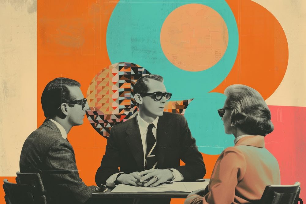 Retro collage of business people meeting art conversation accessories.