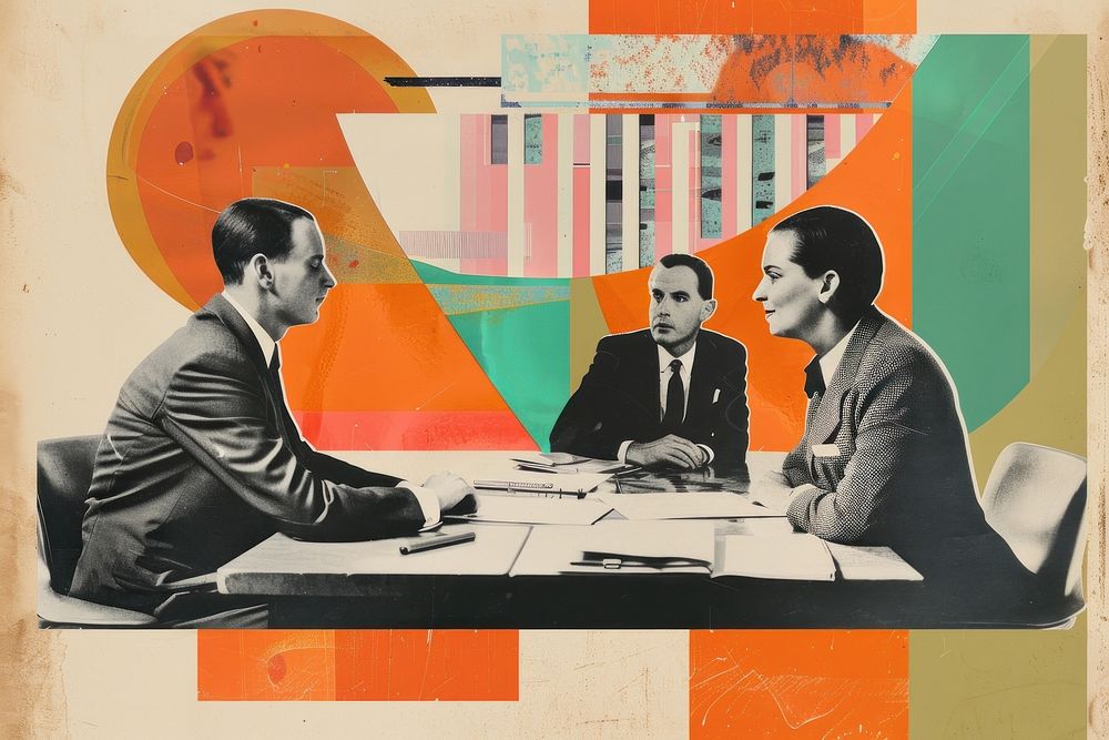 Retro collage of business people in meeting conversation accessories interview.