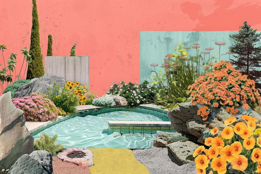 Retro collage garden pond building | Premium Photo Illustration - rawpixel