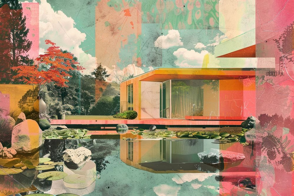 Retro collage of garden pond building art architecture painting.