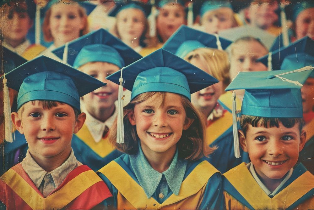 Retro collage of graduate children smiling photography accessories graduation.