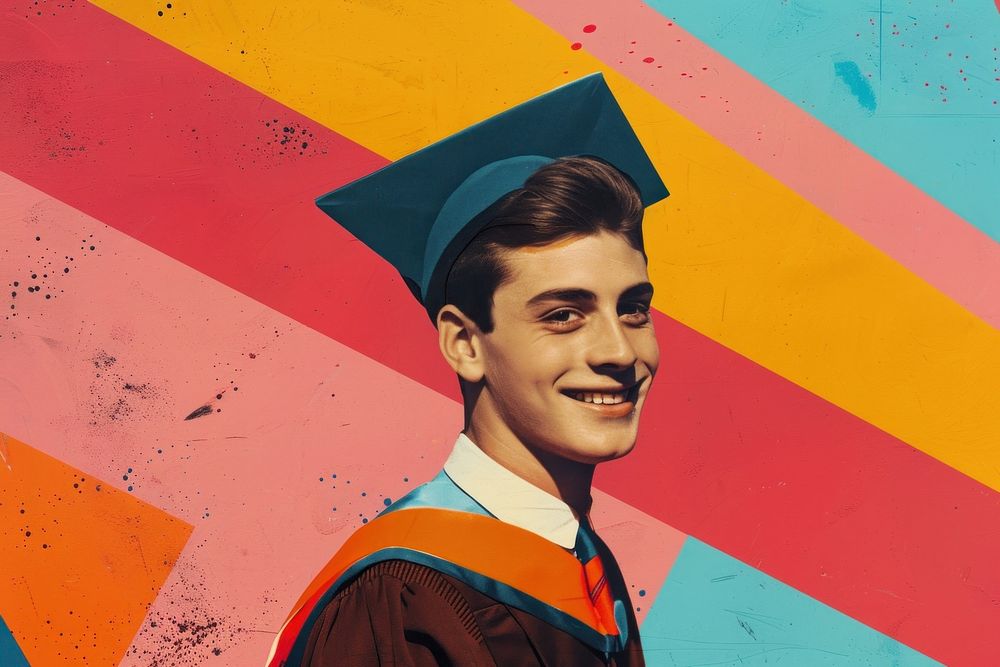 Retro collage of graduate boy smiling photography graduation portrait.