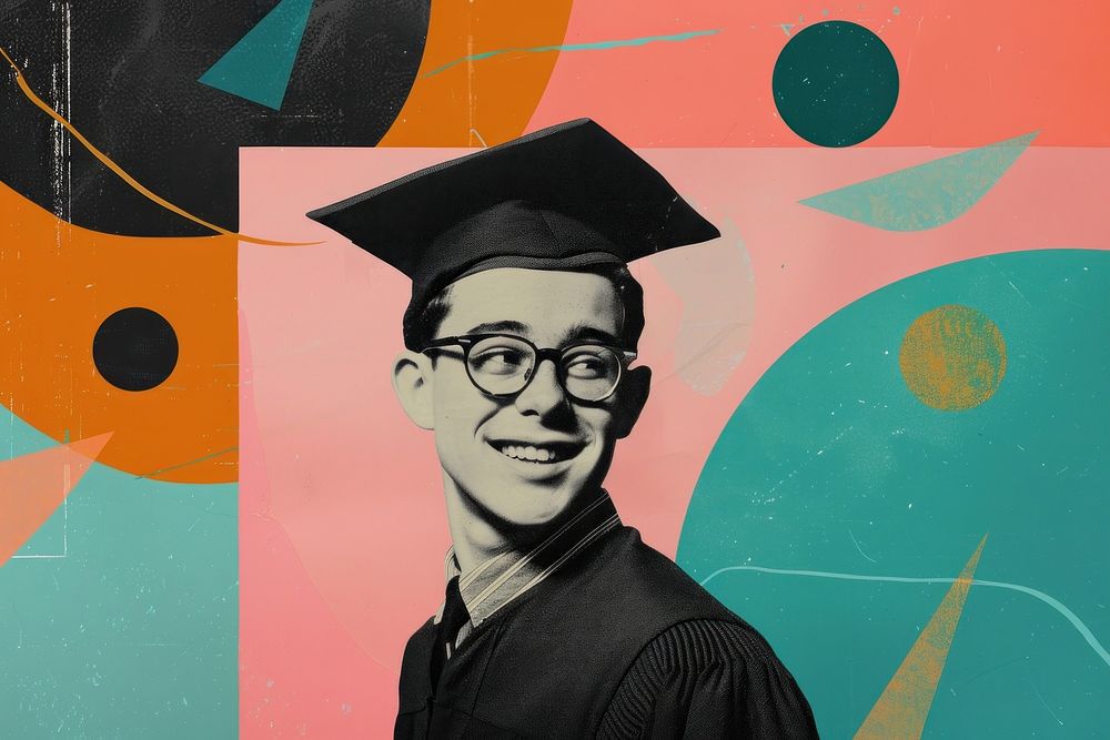 Retro collage of graduate boy smiling art photography accessories.
