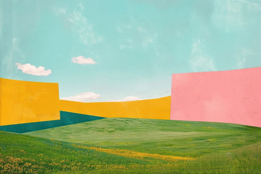 Retro collage of green field and blue sky art grassland painting.