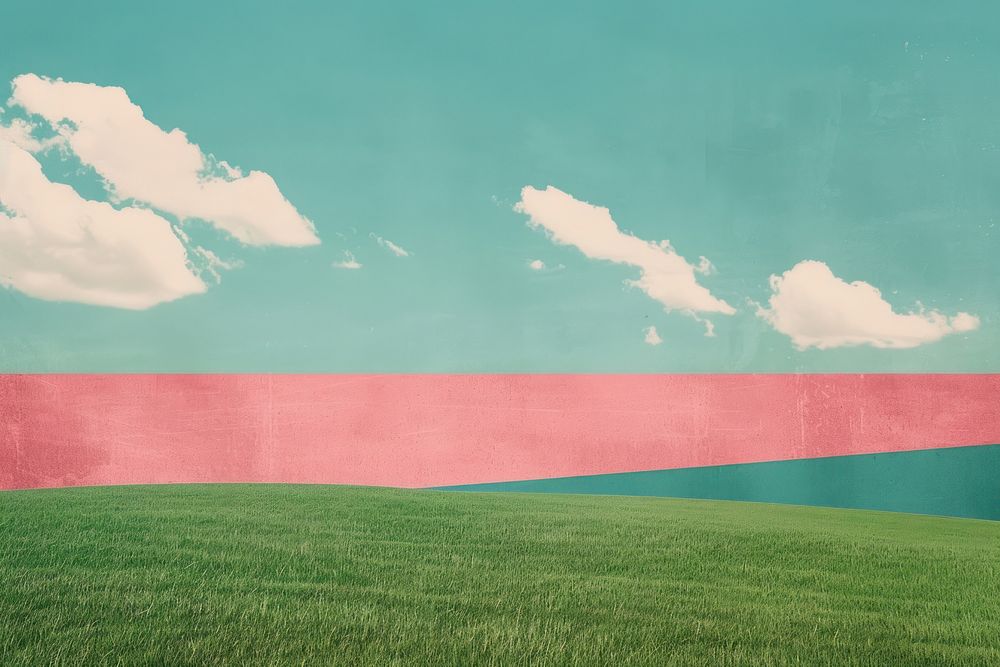 Retro collage of green field and blue sky art outdoors painting.