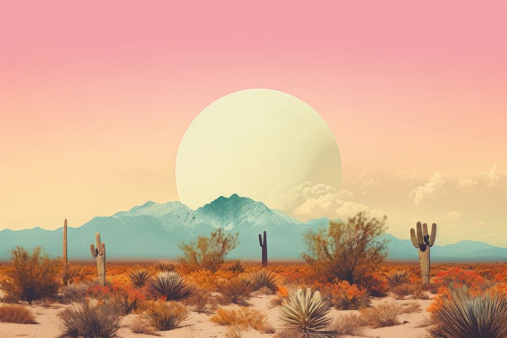 Retro collage of desert landscape astronomy outdoors.