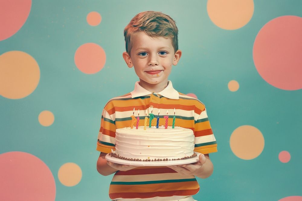 Retro collage of kid holding birthday cake fun photography portrait.