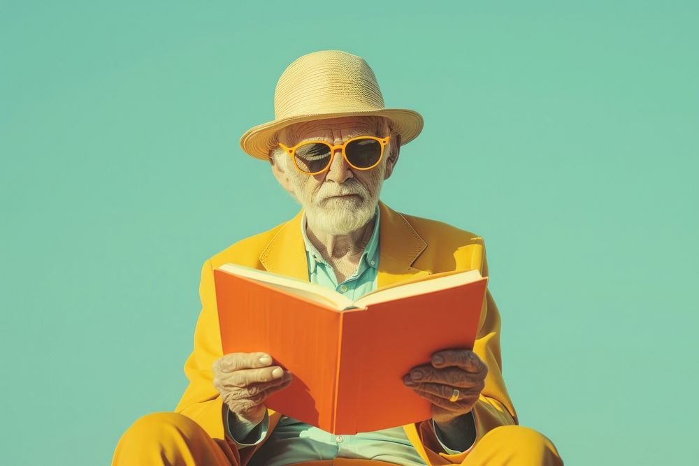 Retro collage of oldman reading book publication photography clothing.