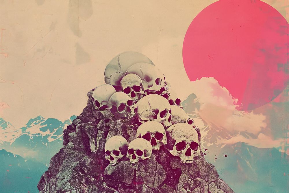Retro collage of mountain of skulls art accessories accessory.