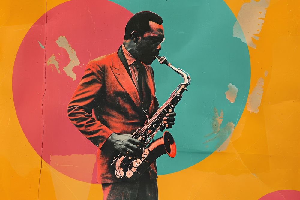 Retro collage of man playing saxophone performer clothing apparel.