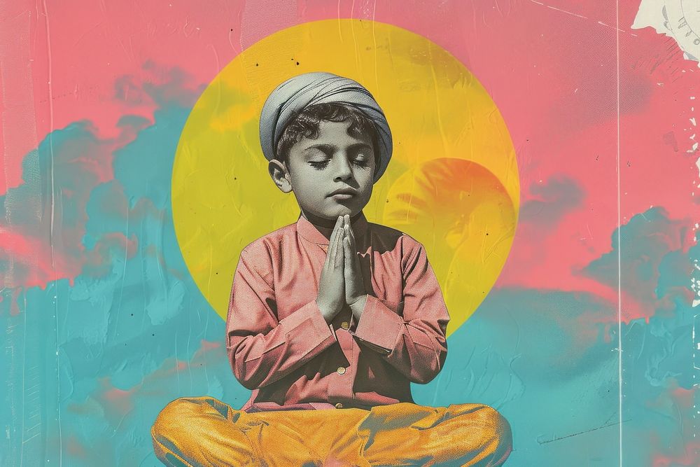 Retro collage of Muslim boy praying art painting exercise.