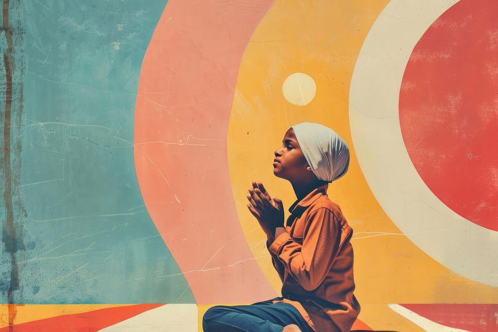 Retro collage of Muslim boy praying worship female person.