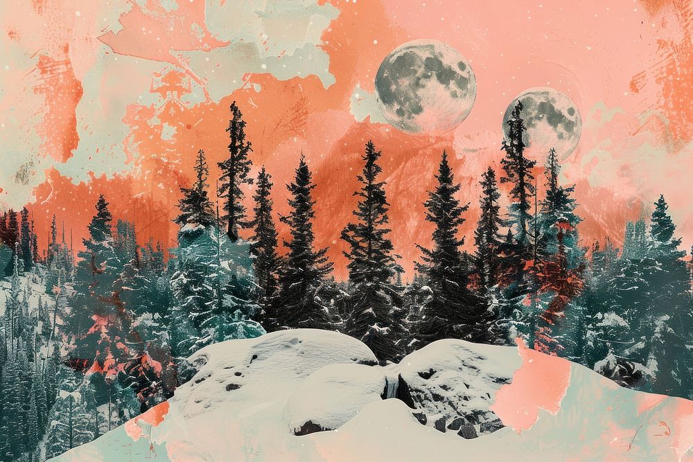 Retro collage of snow forest art vegetation outdoors.