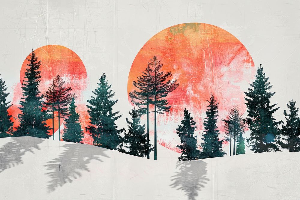 Retro collage of snow forest art vegetation painting.