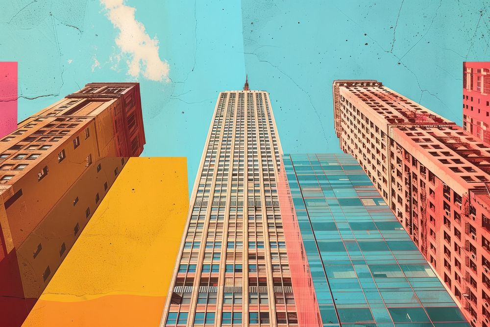 Retro collage of skyscraper in New york architecture cityscape building.