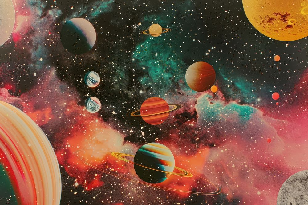 Retro collage of space astronomy universe skating.