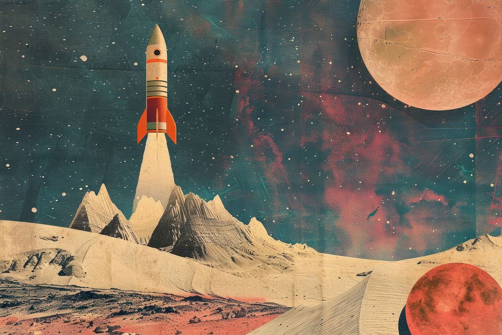 Retro collage of rocket in space shoreline astronomy outdoors.
