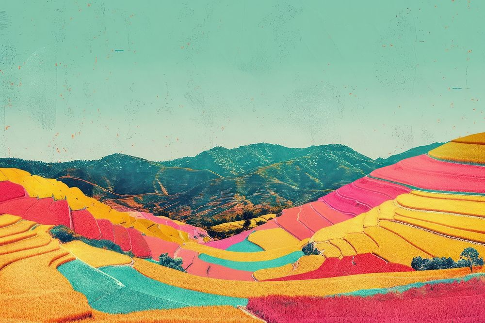 Retro collage of rice filed on terrace art countryside landscape.