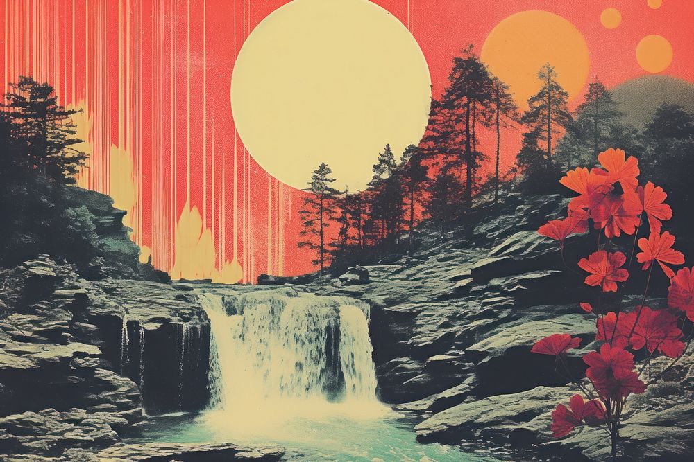 Retro collage of waterfall in the forest art vegetation landscape.