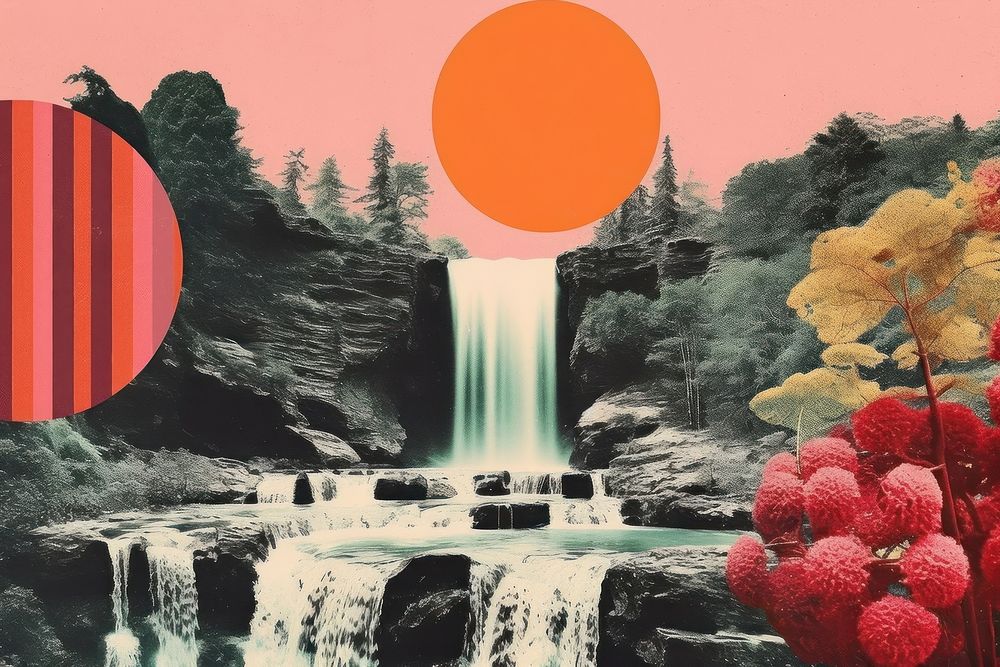 Retro collage of waterfall in the forest art vegetation graphics.