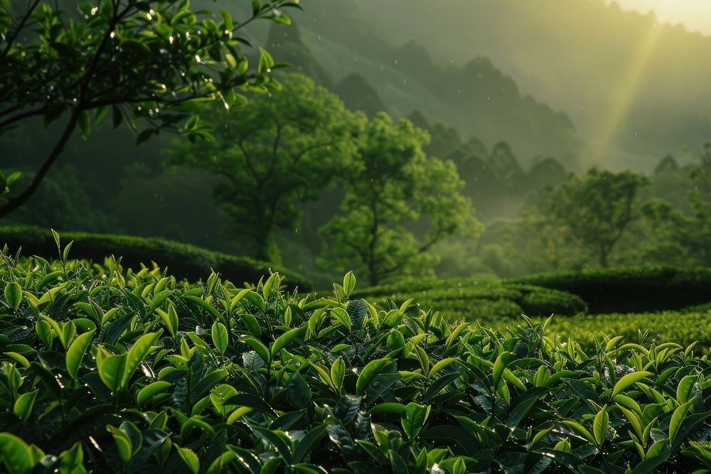 Tea leaves farm vegetation outdoors beverage.