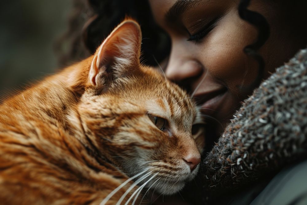 Black Person cuddling a cat photography person portrait.