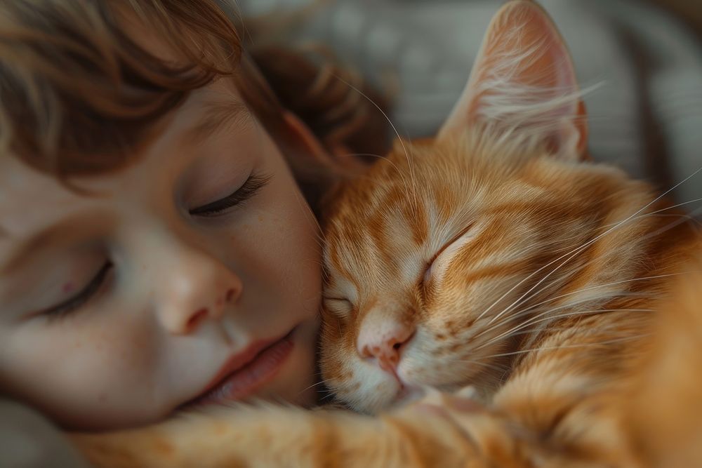 Kid cuddling a cat photography sleeping portrait.