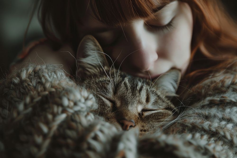 Habby Person cuddling a cat photography person sleeping.