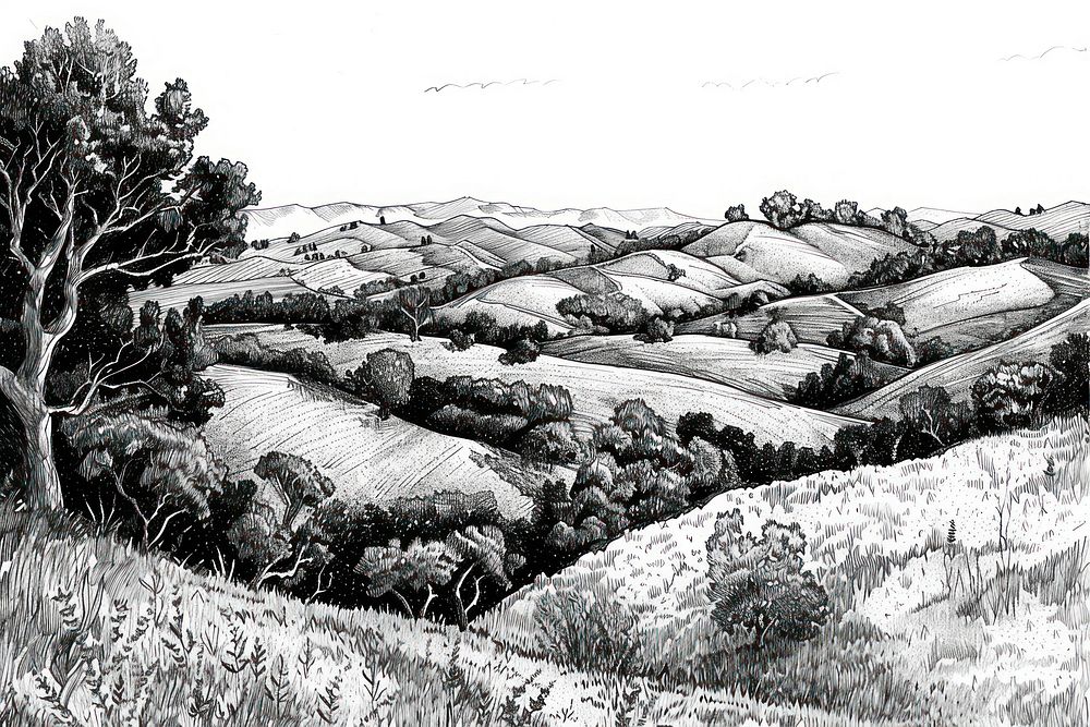 Ink drawing california illustrated countryside agriculture.