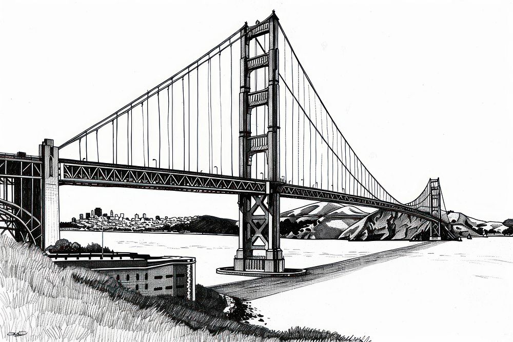Ink drawing california bridge golden gate bridge landmark.