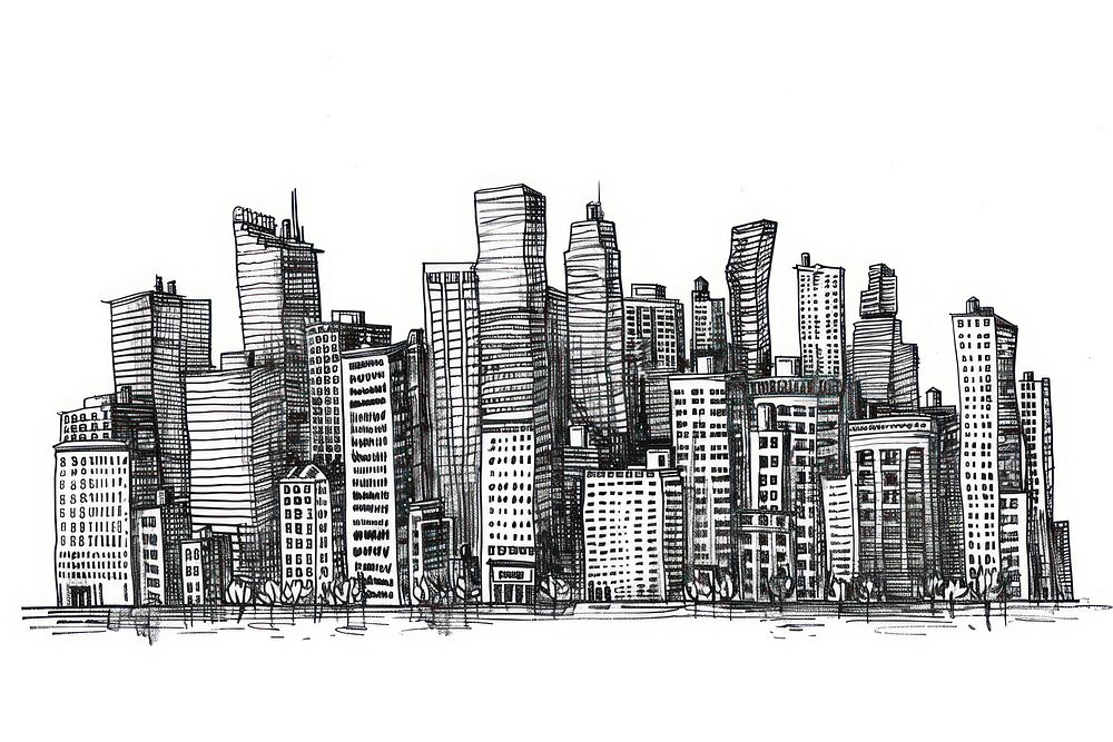Ink drawing cityscape illustrated sketch person.