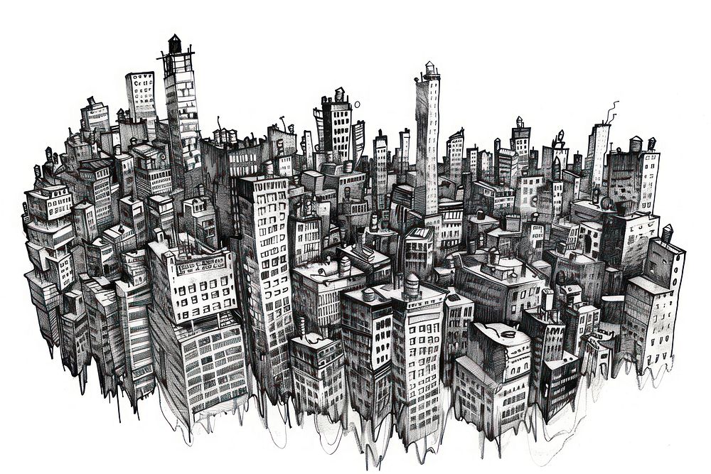 Ink drawing cityscape illustrated sketch urban.