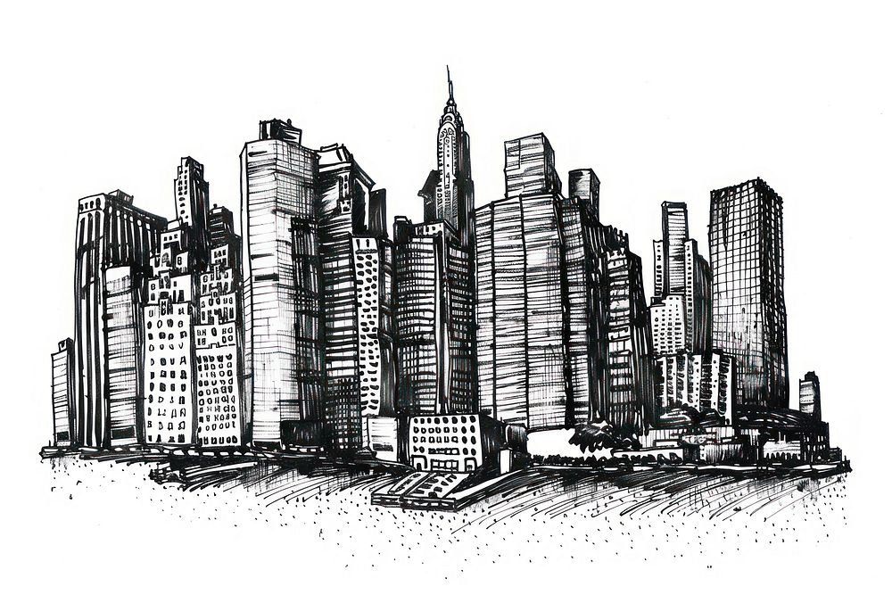 Ink drawing cityscape architecture illustrated metropolis.
