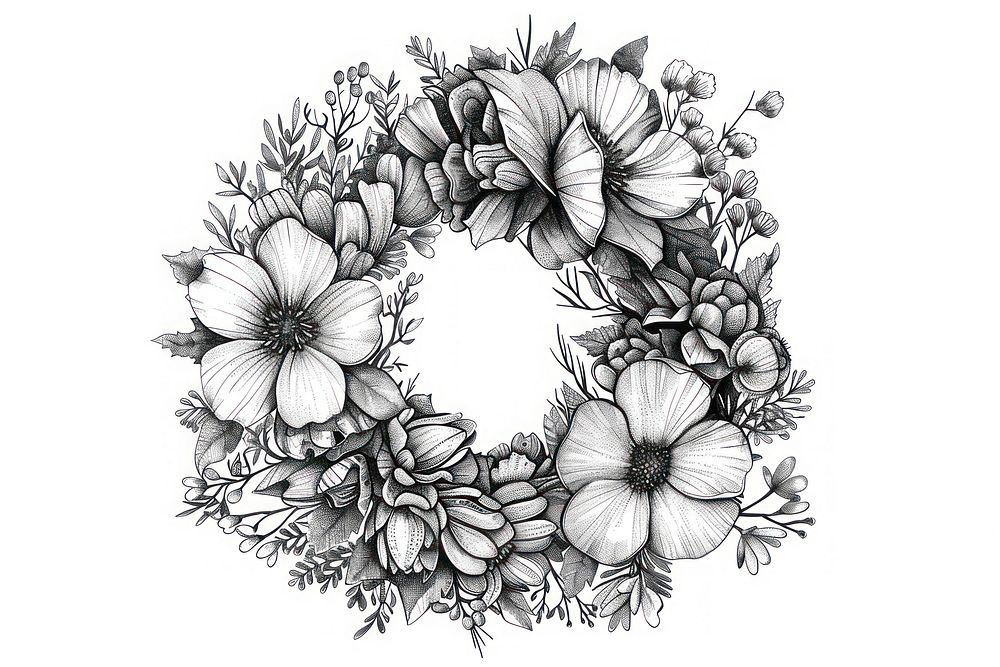 Ink drawing flower wreath illustrated sketch plant.
