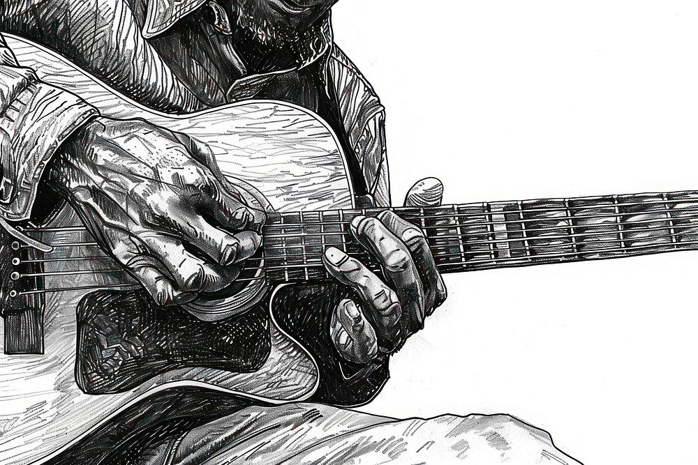 Ink drawing person holding guitar illustrated accessories recreation.