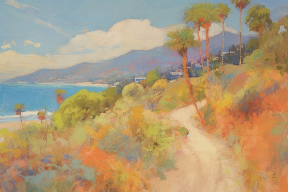 Oil painting illustration of a california outdoors nature water.