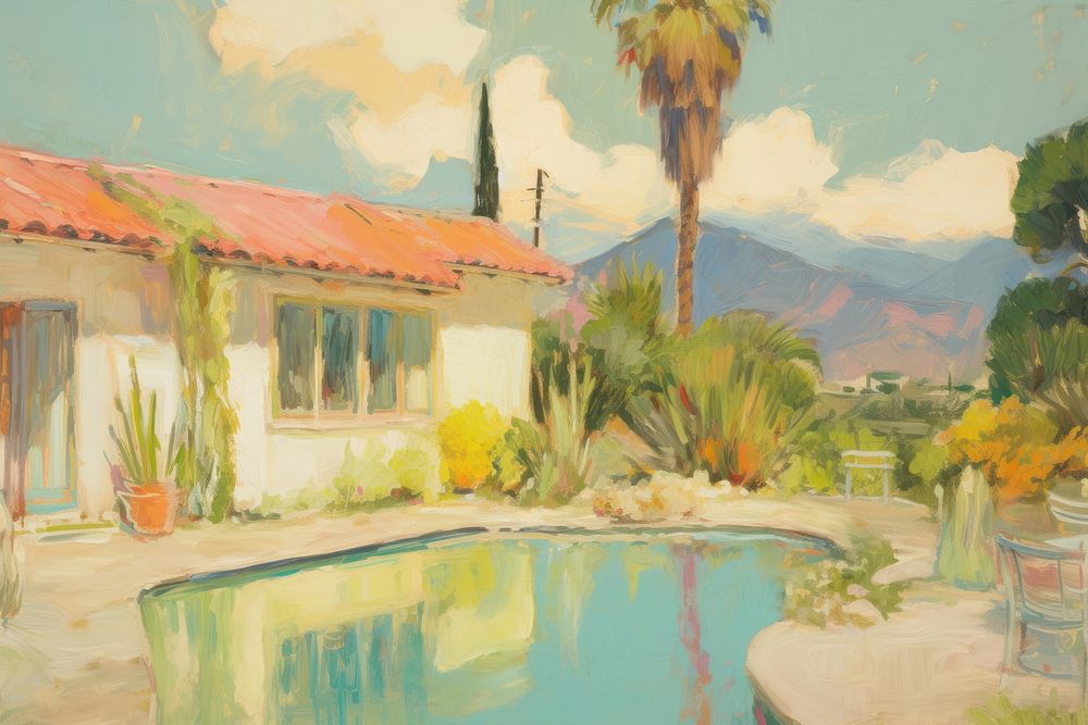 Oil painting illustration of a california architecture furniture building.