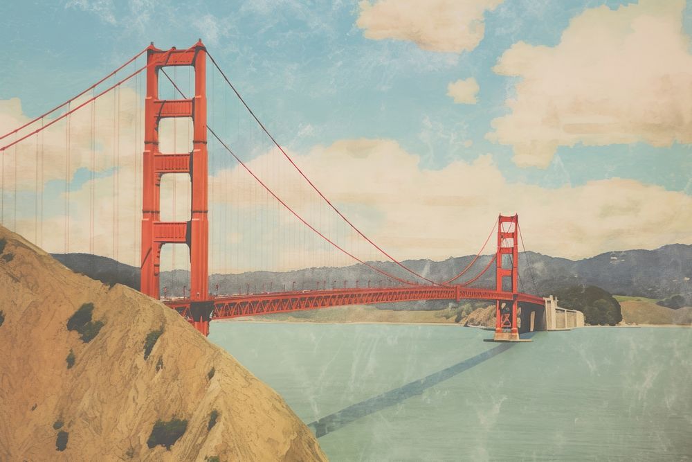 Oil painting illustration of a california bridge golden gate bridge landmark.