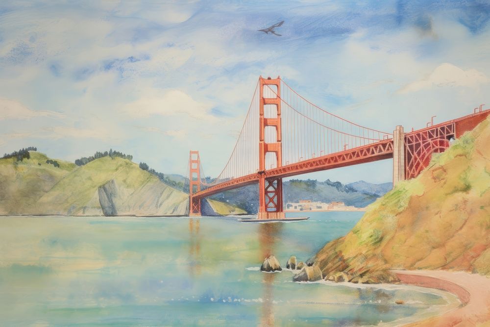 Oil painting illustration of a california bridge golden gate bridge landmark.