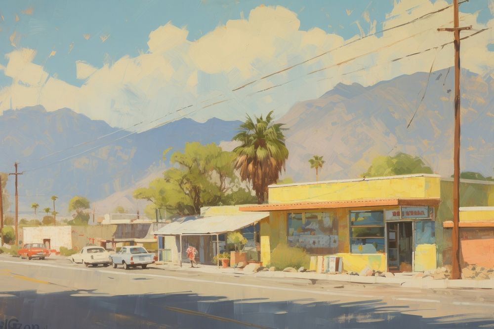 Oil painting illustration of a california transportation neighborhood automobile.