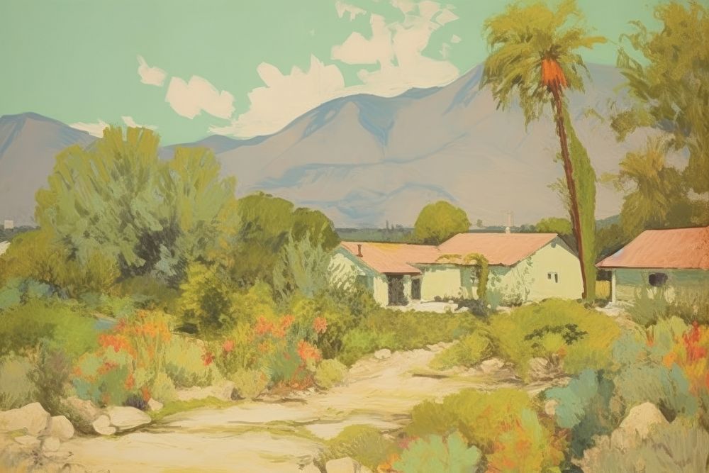 Oil painting illustration of a california architecture countryside landscape.