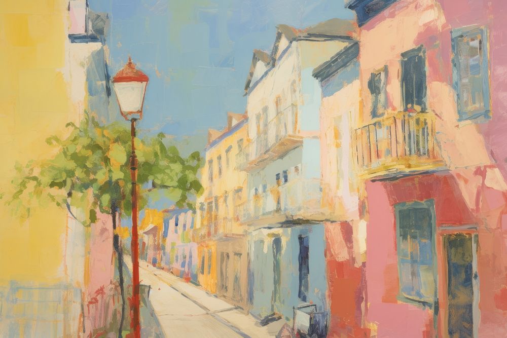 Oil painting illustration of a cityscape neighborhood alleyway street.