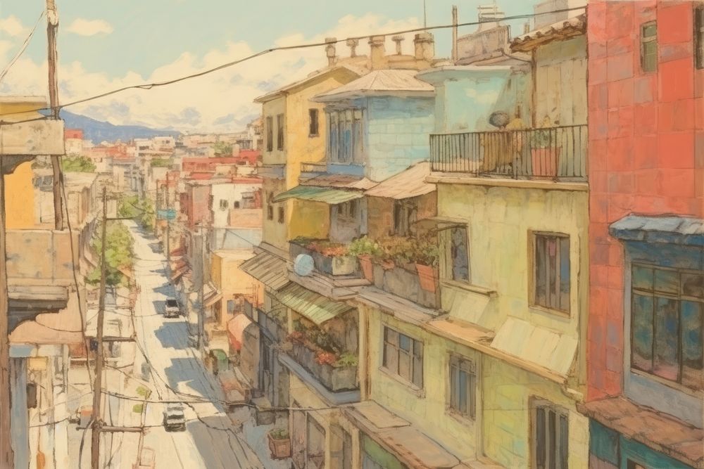 Oil painting illustration of a cityscape transportation neighborhood architecture.